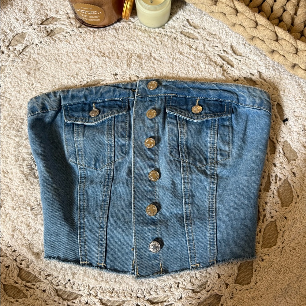Denim Button-Up Strapless Top
